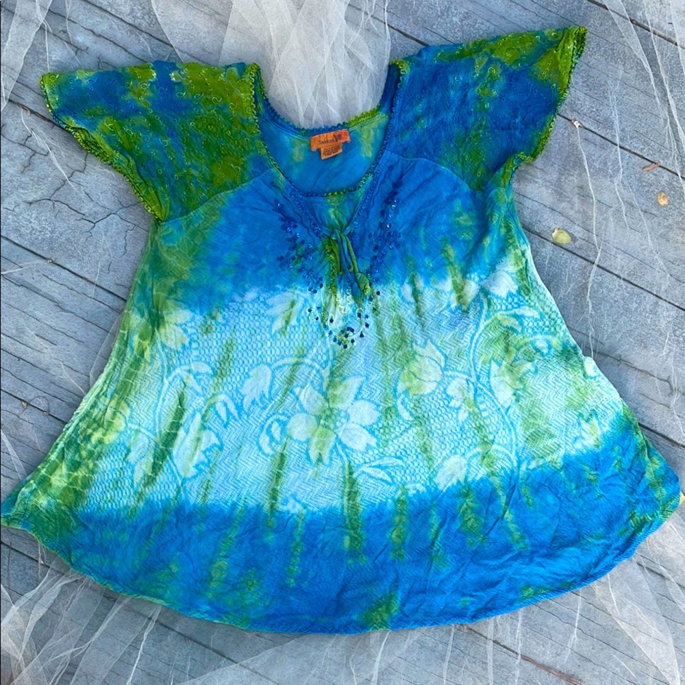 ❤️BoHo Boutique ART WARE Blue and Green FLORAL TIE DYE Women's COMFY TOP
